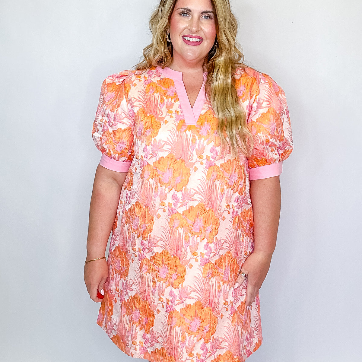 Pink & Orange Floral Jacquard Dress – Moxie Shop