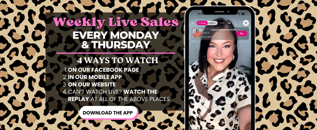 Promotional graphic for weekly live sales with a leopard print background and smartphone displaying a live stream.