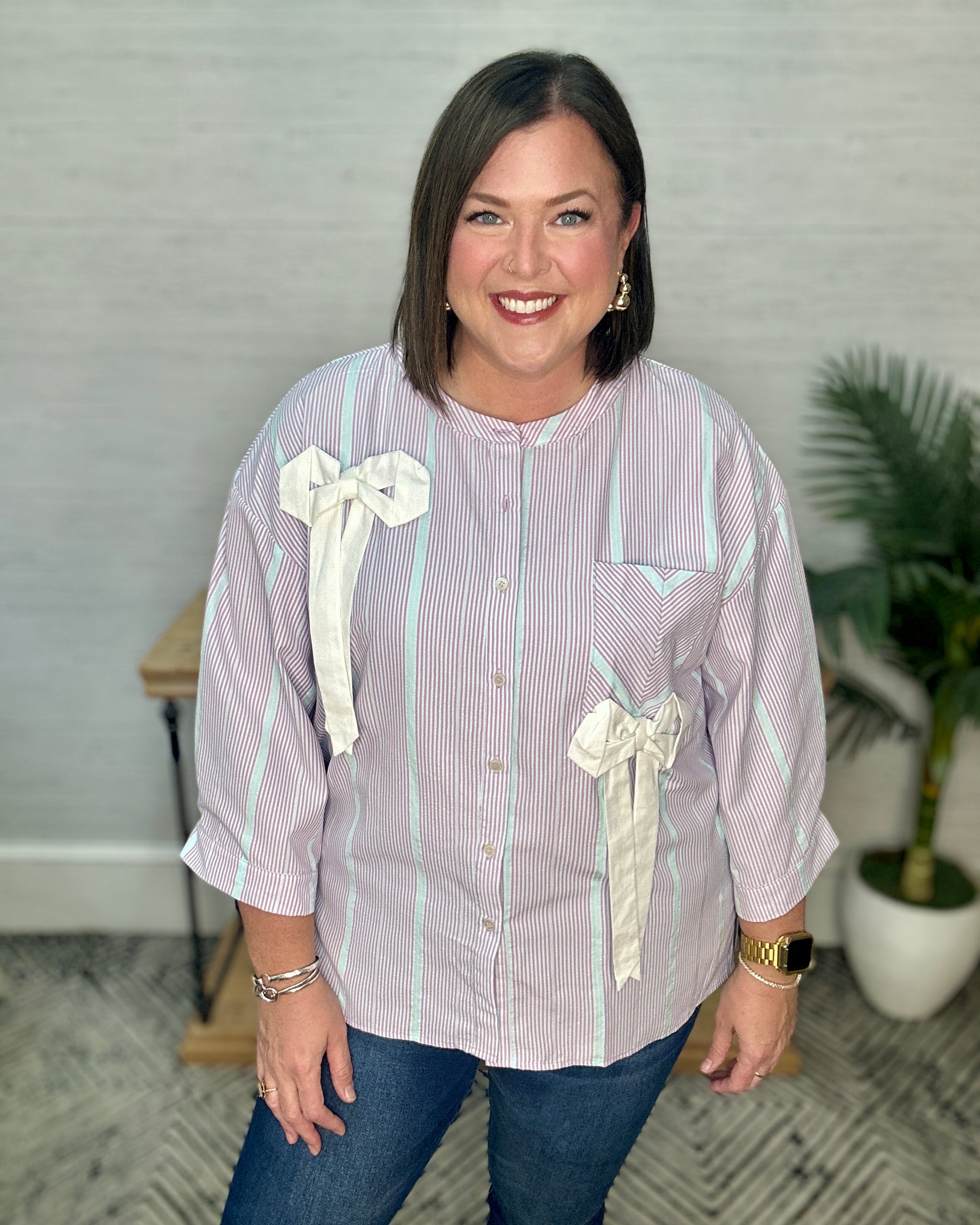 Pink & Blue Stripe Bow Accent Top – Moxie Shop