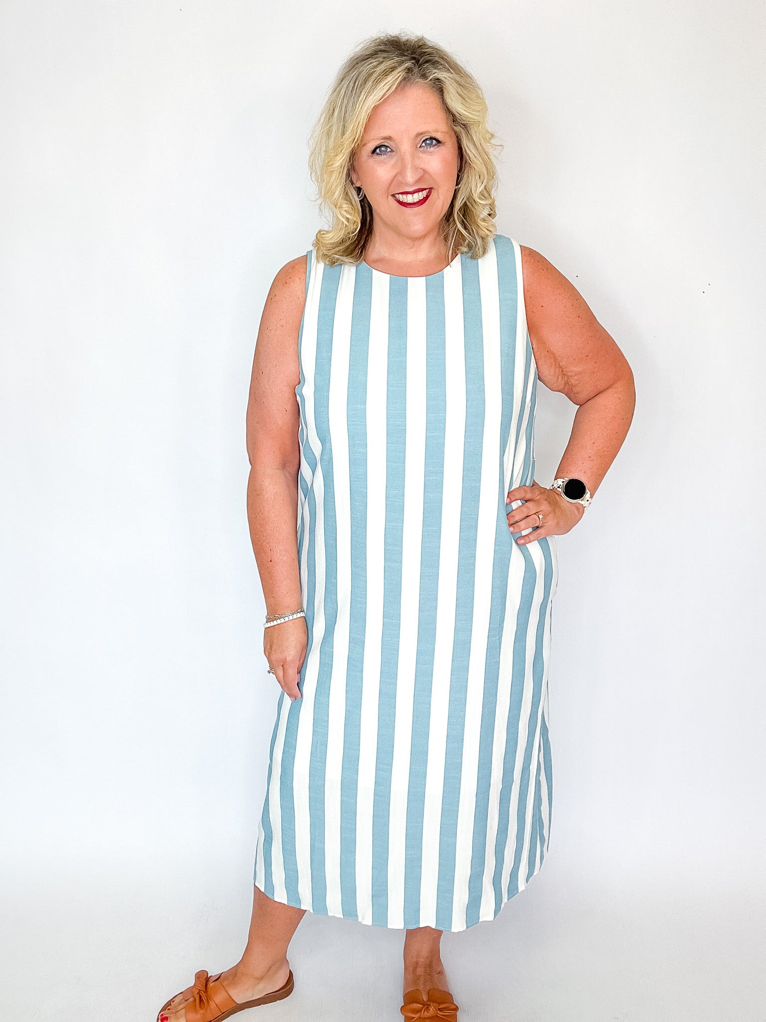 Blue & White Vertical Stripe Maxi Dress
