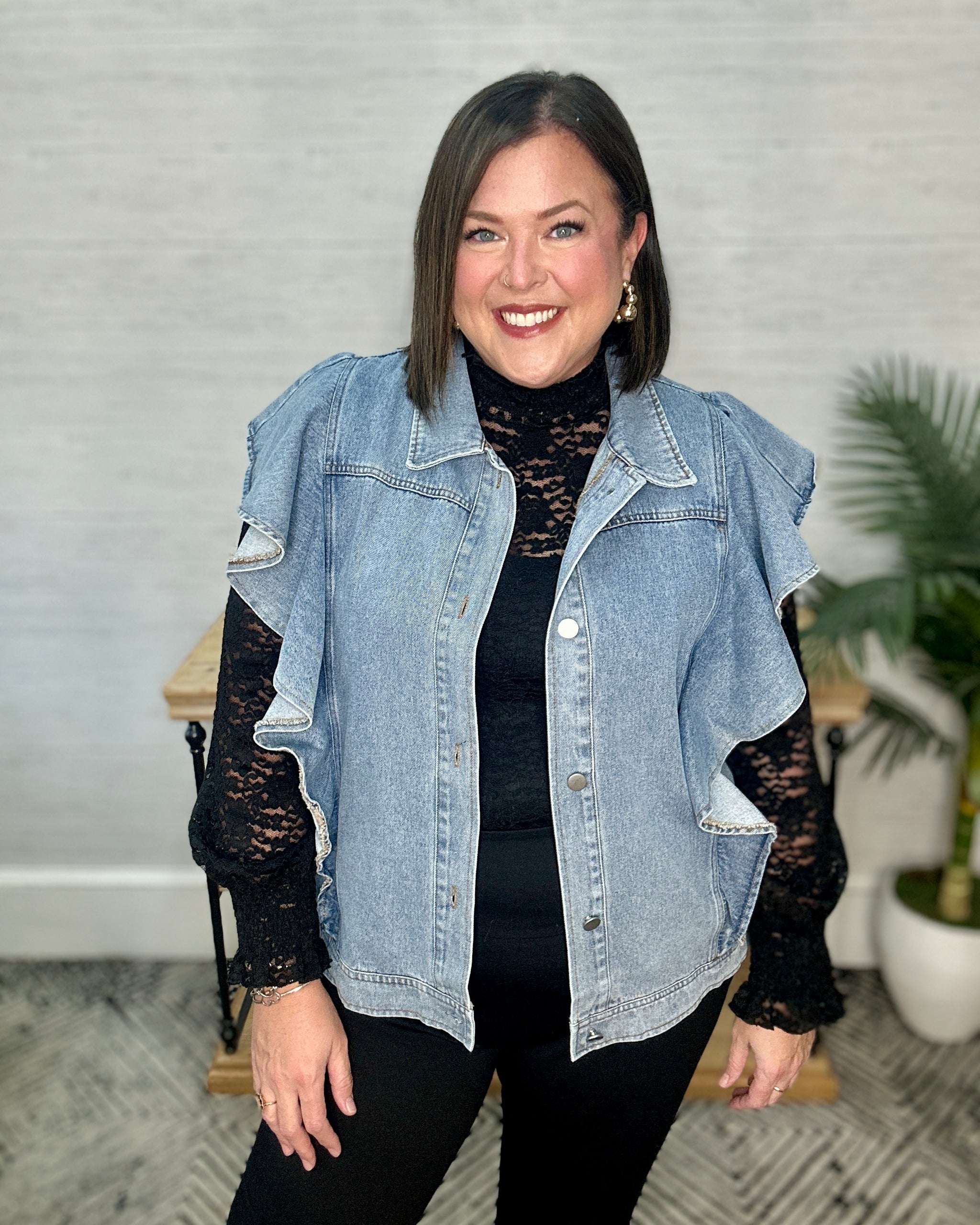 Denim Ruffle Flutter Sleeve Top – Moxie Shop