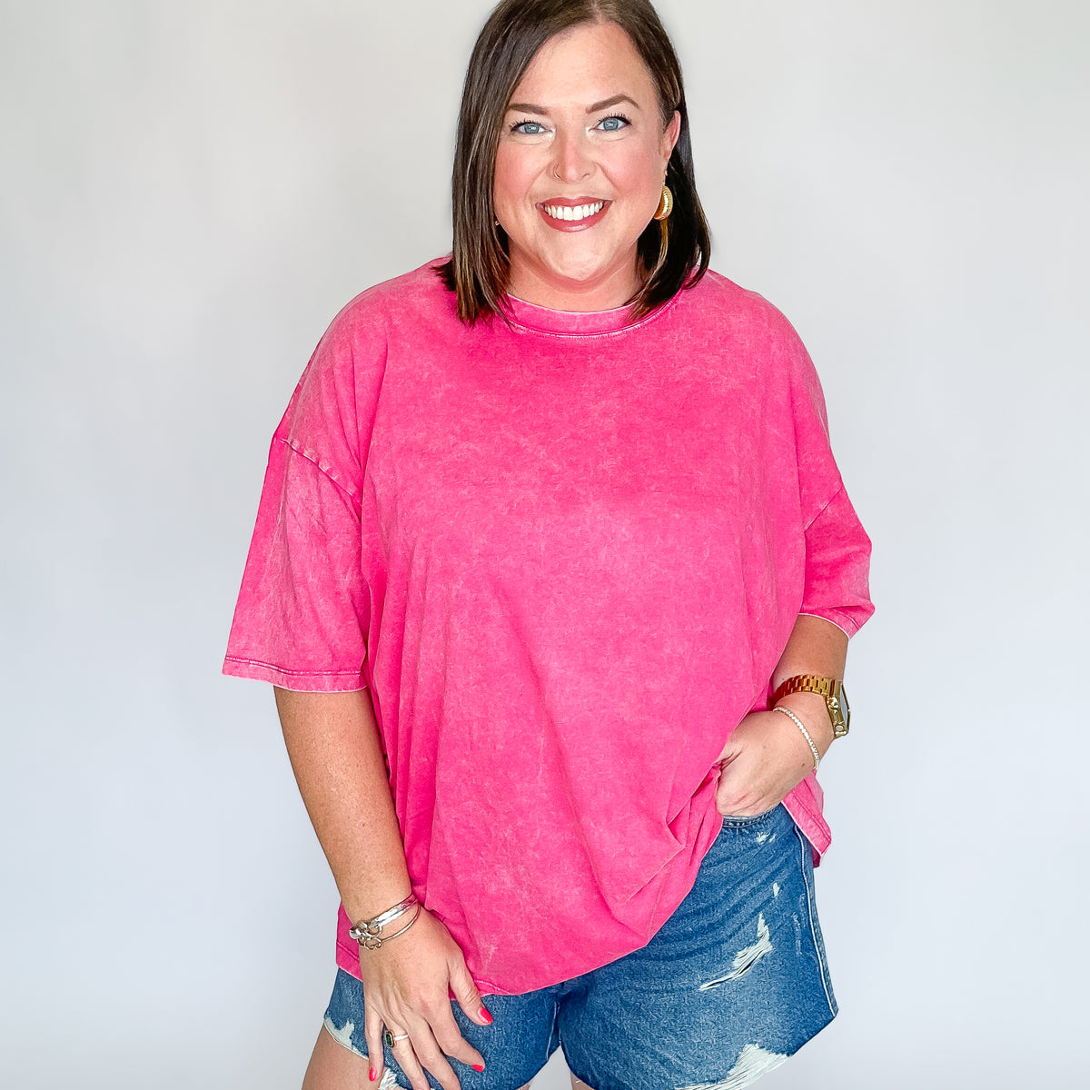 Hot Pink Acid Wash Drop Shoulder Tee – Moxie Shop
